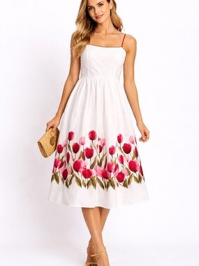 dressbarn White Midi Dress with Pink Floral Border